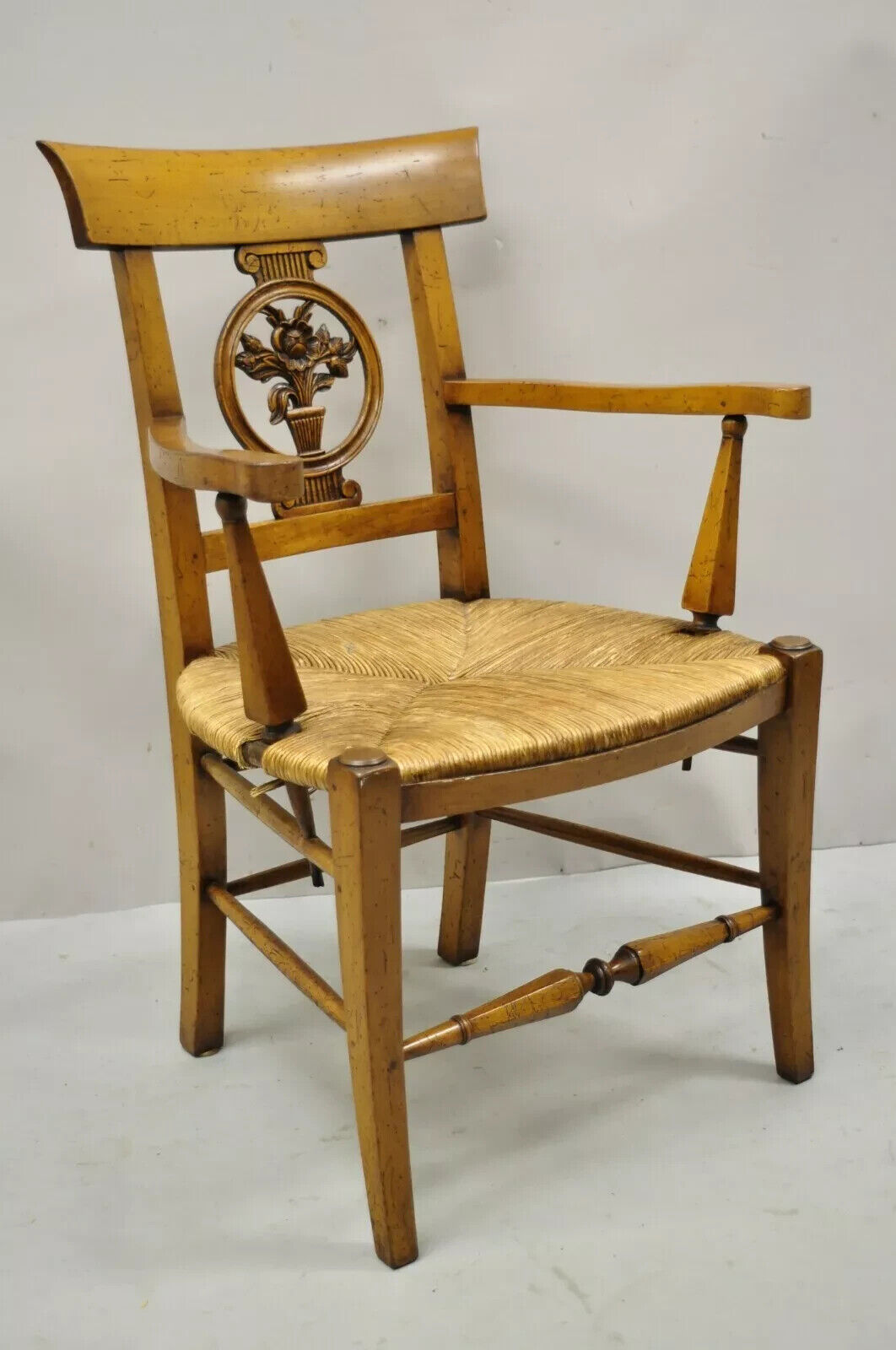 Vintage French Country Cherry Wood Italian Distressed Rush Seat Dining Arm Chair