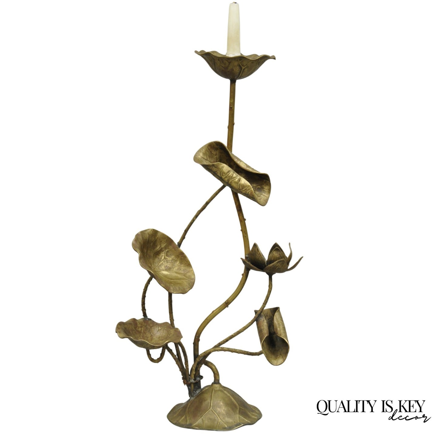 Vintage Hollywood Regency Brass Lotus Leaf Lily Pad Single Candlestick Holder
