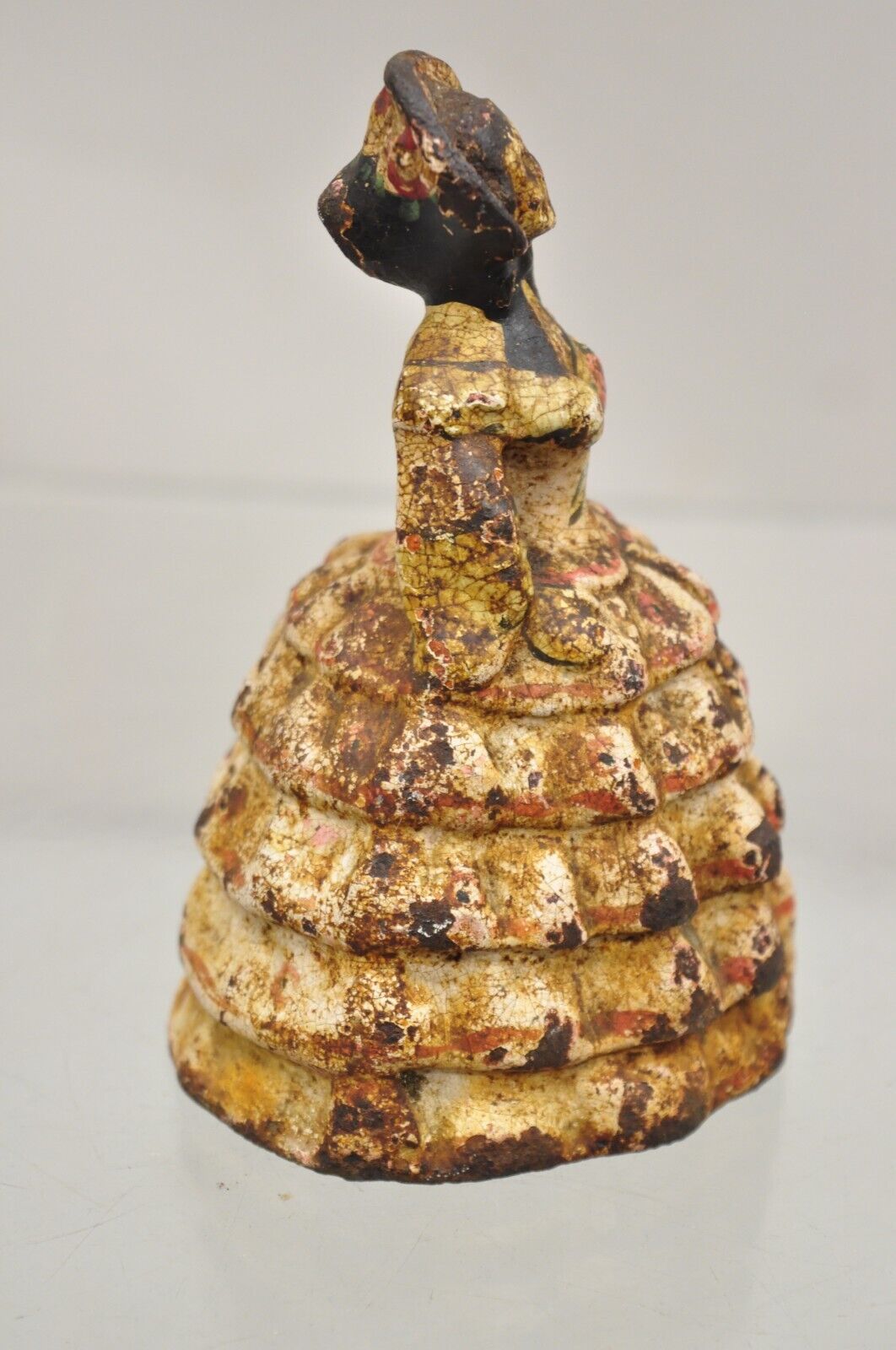 Antique Victorian Cast Iron Figural Painted Small Hoop Skirt Girl Door Stop