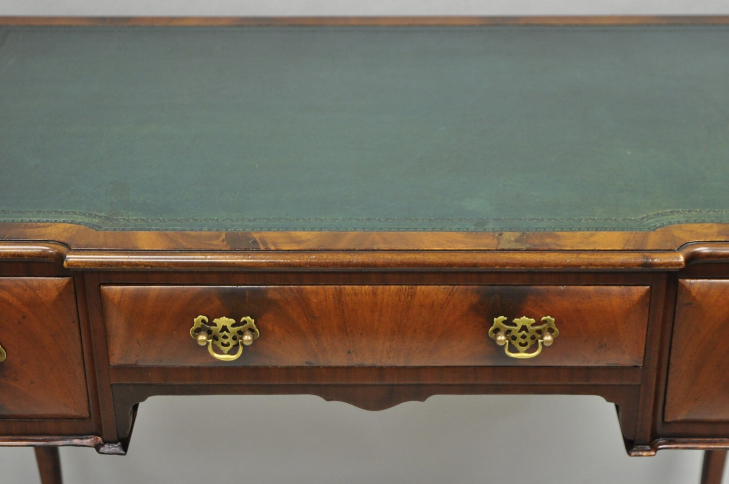 Antique English Georgian Crotch Mahogany Green Leather Top Small Writing Desk