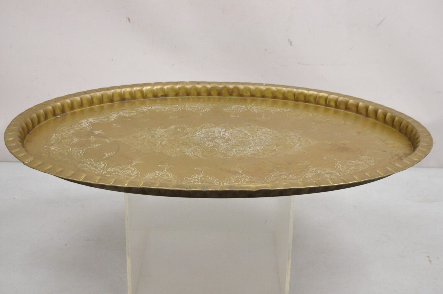 Vintage Moroccan Middle Eastern Solid Brass Large Oval Engraved 42" Tray Top