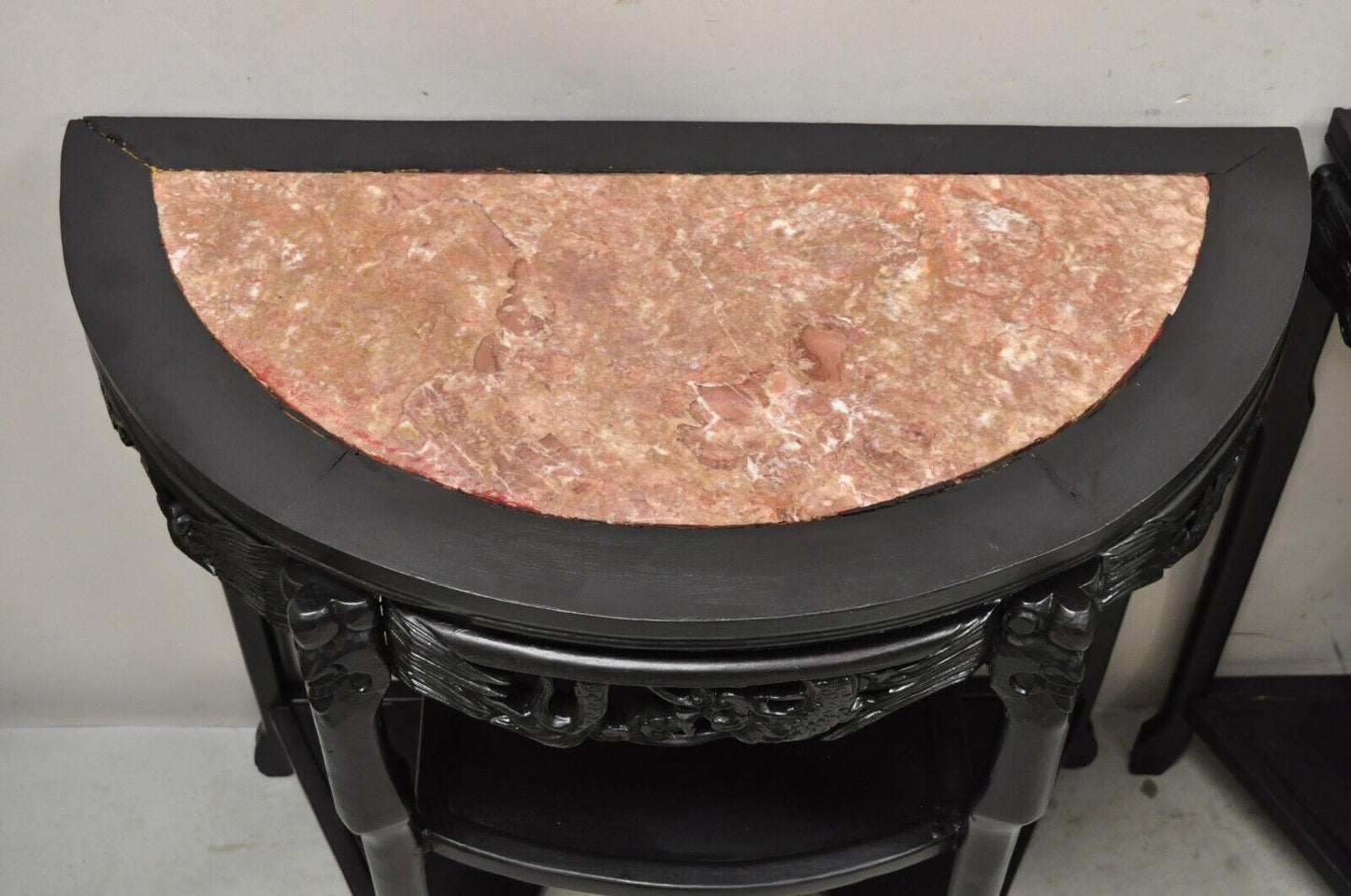 Vintage Chinese Chinoiserie Black Demilune Pink Marble Console Table - a Pair