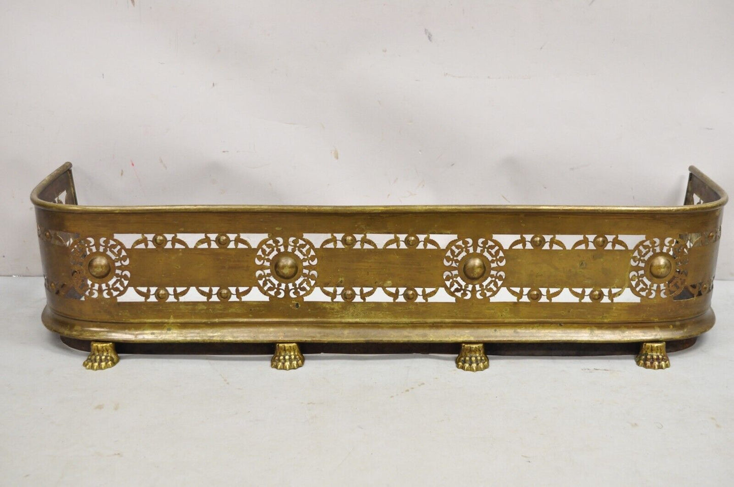 Antique Victorian French Empire Brass Paw Foot 48" Fireplace Fender Surround