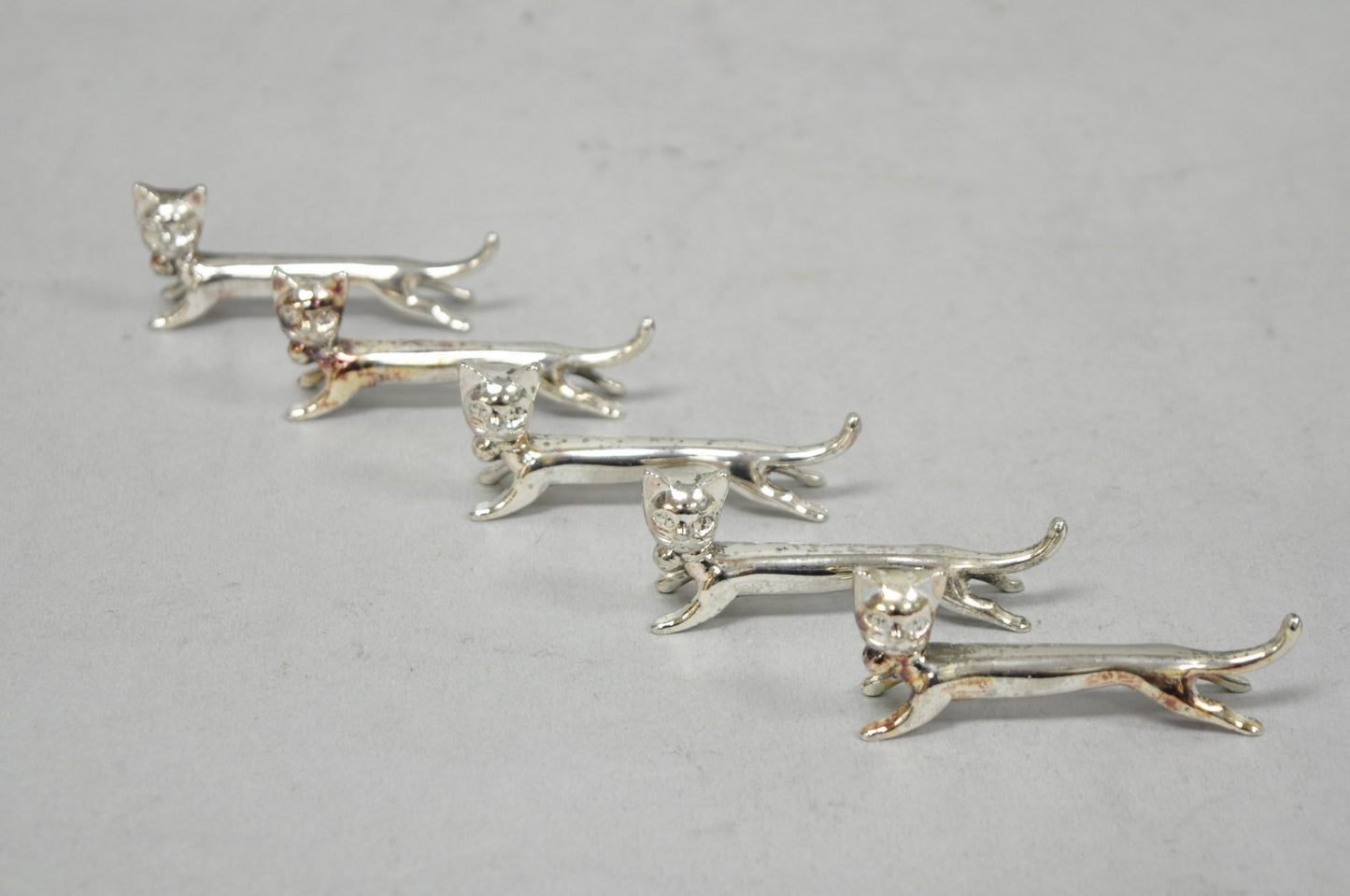 Vintage Art Deco Small Silver Plated Metal Figural Cat Knife Rests - Set of 5