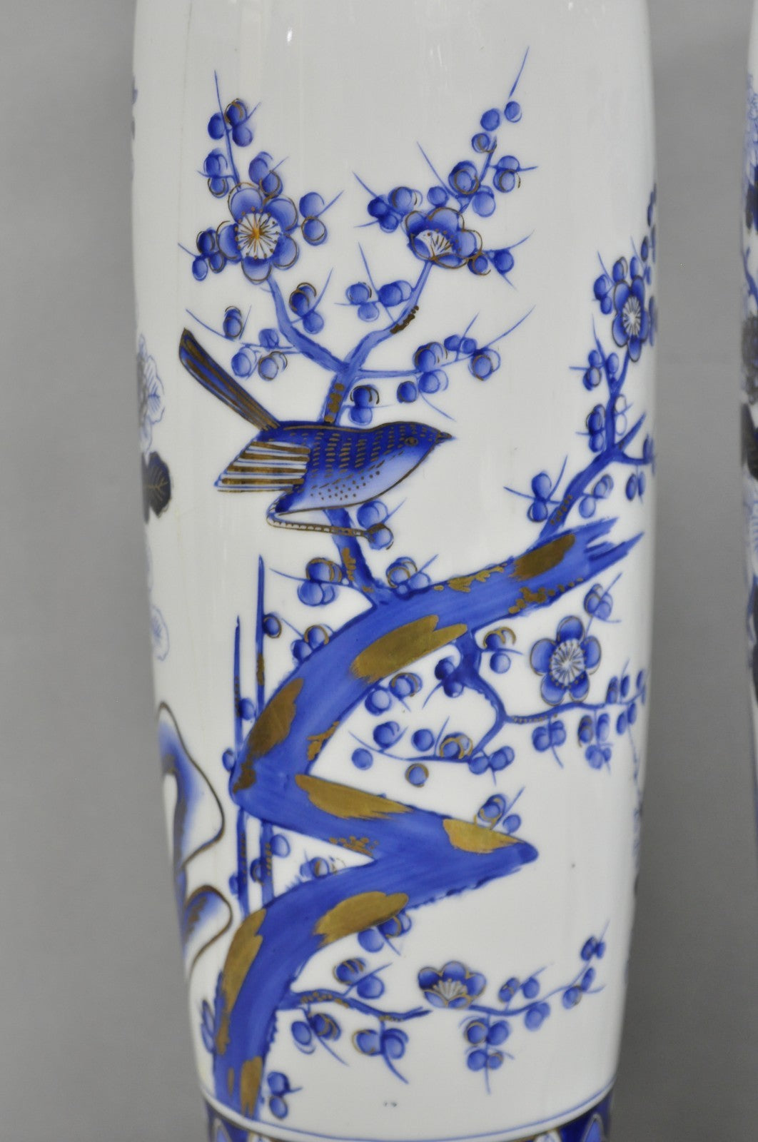 Vintage Chinoiserie Blue White Porcelain Bird & Plum Blossom Table Lamp - a Pair