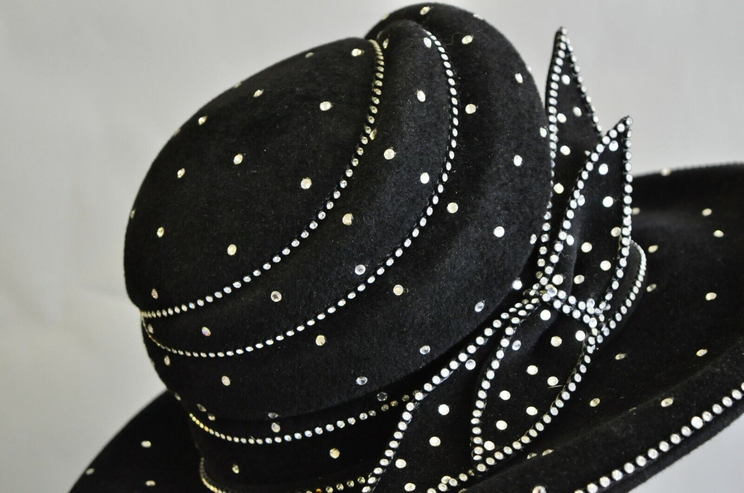 Vintage Makins New York Black Rhinestone Bow Wide Brim Church Derby Ladies Hat