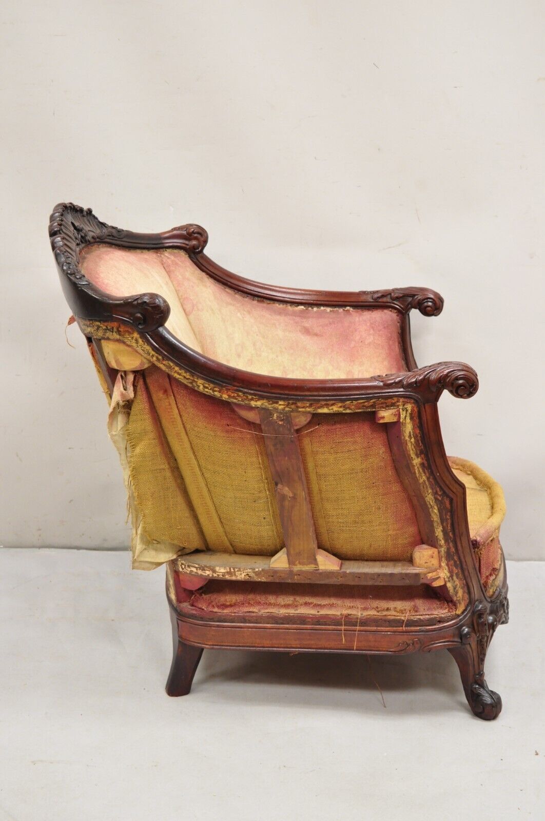 Antique French Art Nouveau Carved Mahogany Bergere Club Lounge Arm Chair