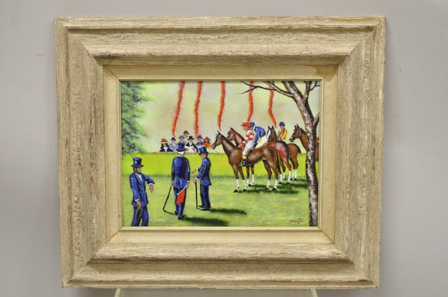 Dom Dominic Mingolla Enamel on Copper Framed Painting Horse Jockey Race Derby