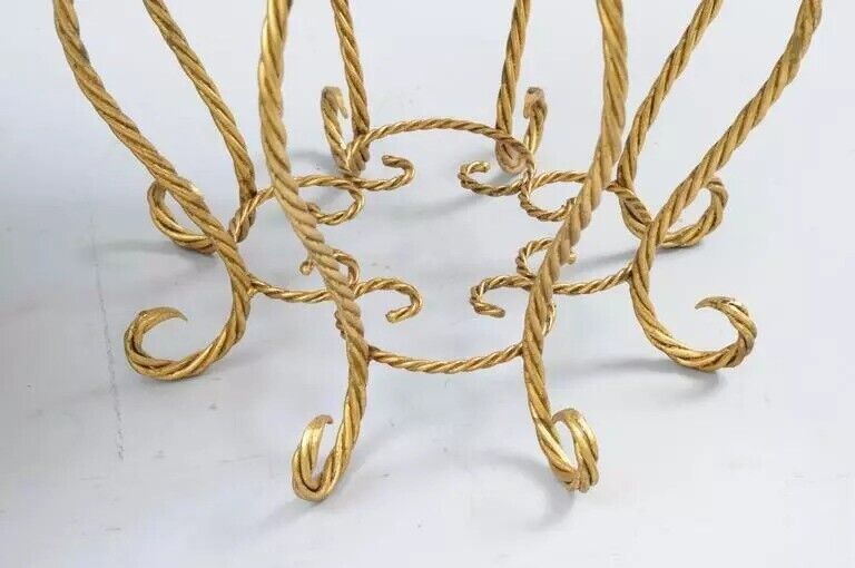 Italian Hollywood Regency Gold Gilt Iron Rope Round Marble Top Low Tables - Pair