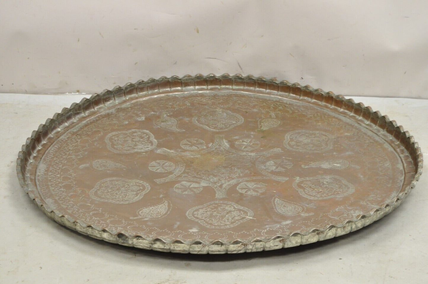 Vintage Copper Syrian Middle Eastern Large 44" Round Engraved Serving Tray