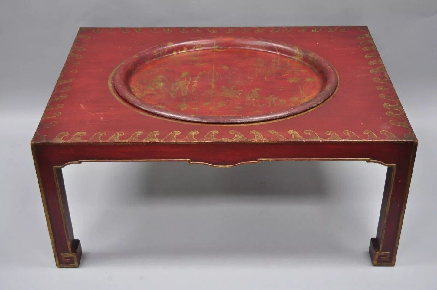 Vintage Chinoiserie Red Oriental Coffee Table with Tole Metal Serving Tray Top