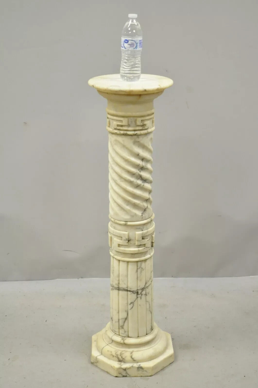 Italian Neoclassical Spiral Carved Marble Greek Key Column Pedestal Plant Stand