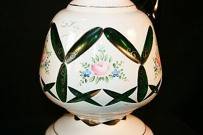 p020 DAZZLING LARGE Pair Antique Bohemian Glass Ewer Lamps coin dot Cut to Green