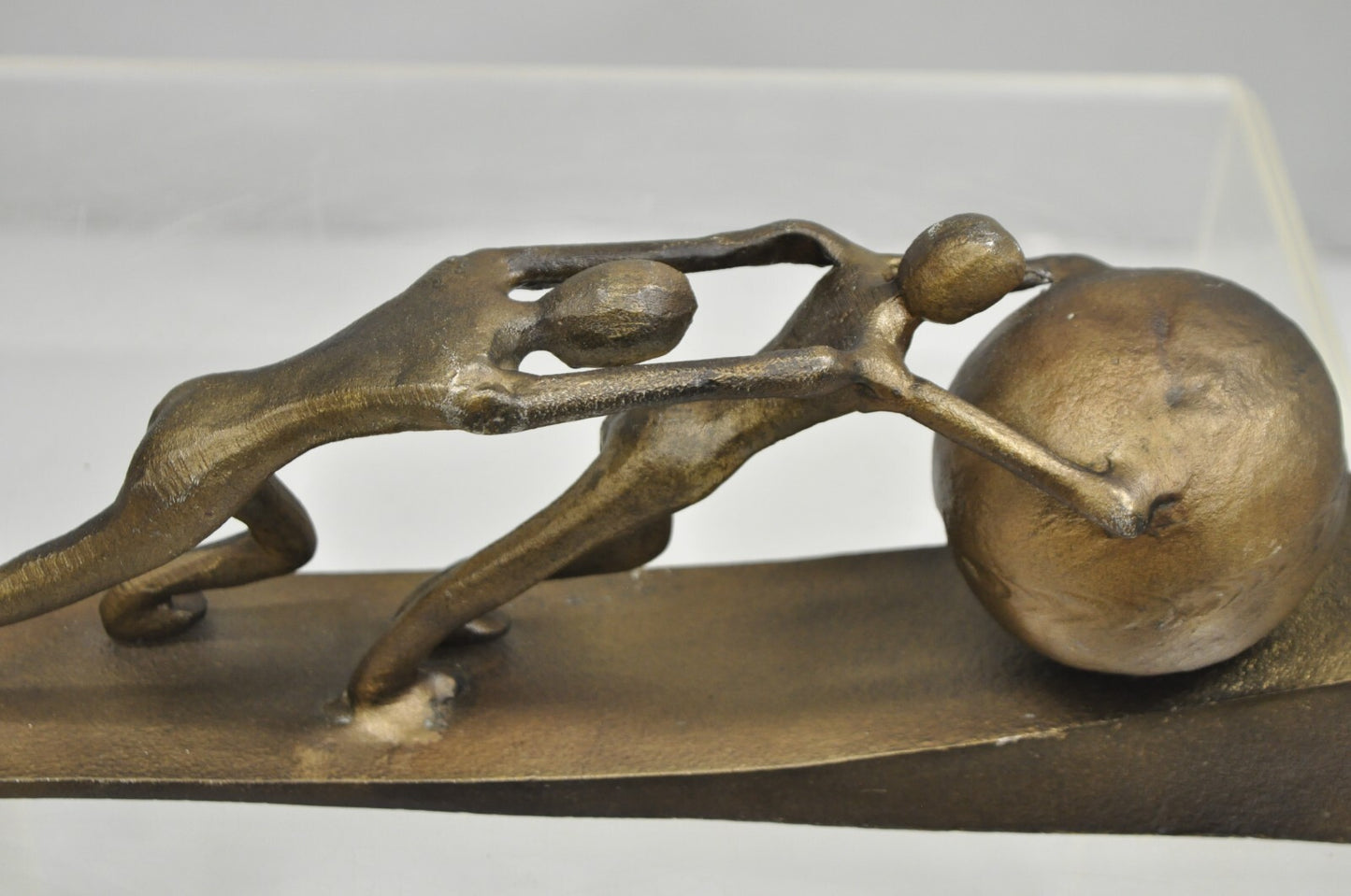 Modern Abstract Brutalist Cast Metal Sculpture Figures Pushing Boulder up Hill