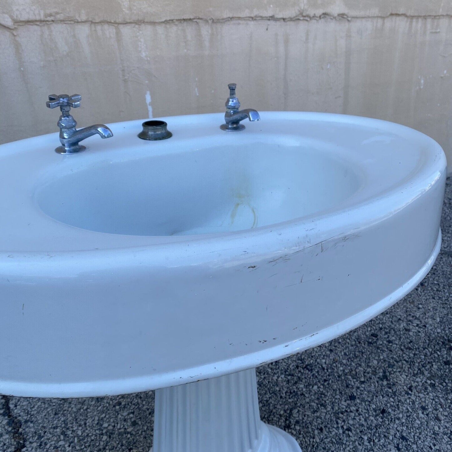 Antique Victorian White Cast Iron Porcelain Enamel Pedestal Bathroom Sink