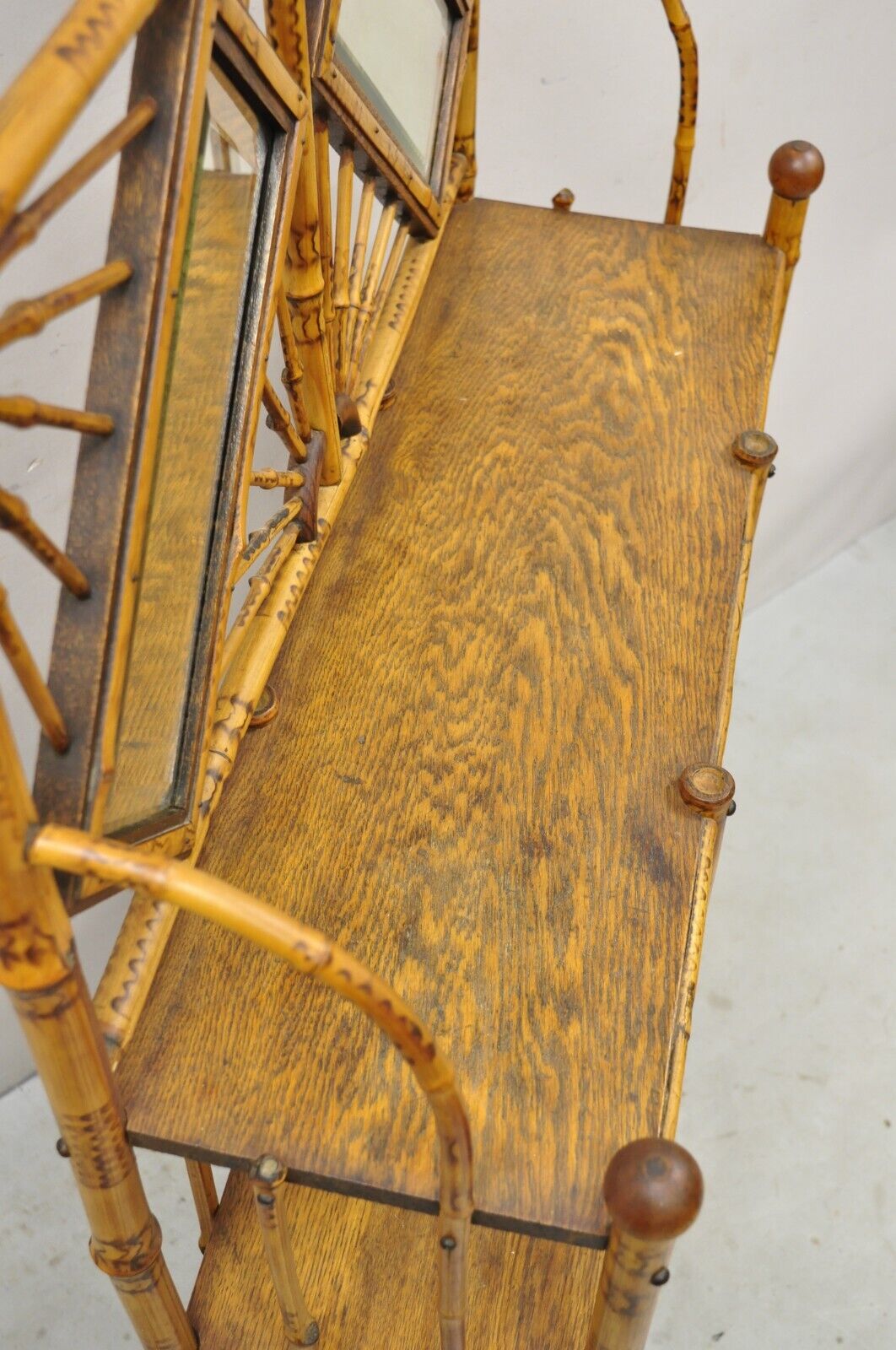19th C English Victorian Bamboo Stick and Ball Curio Shelf Etagere w/ Mirror