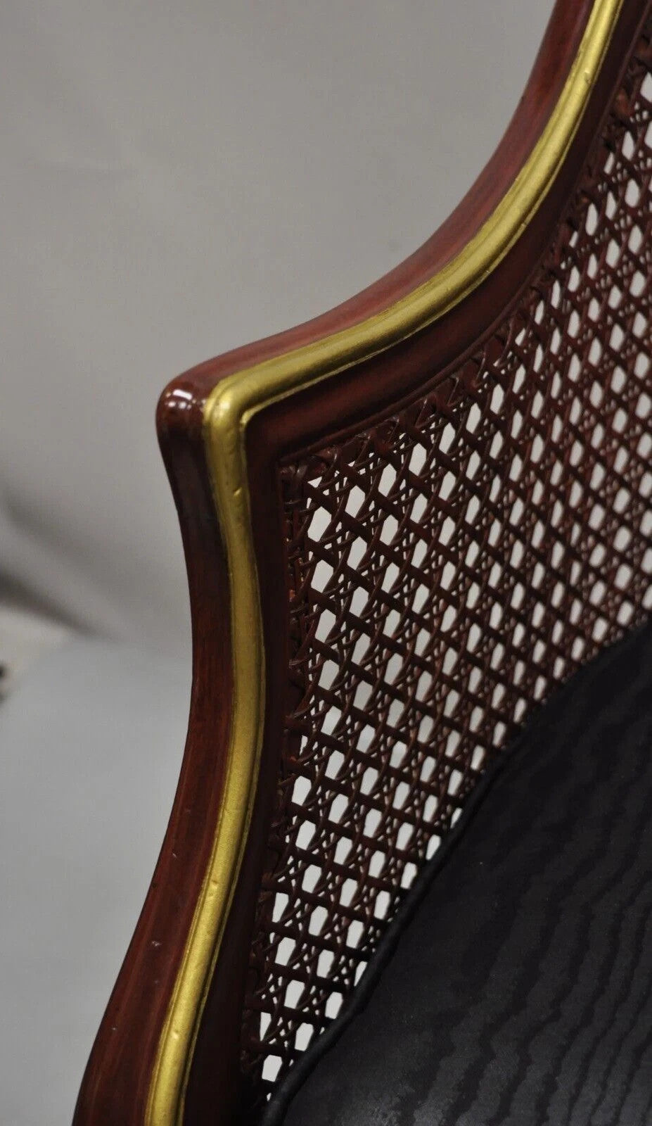 Vintage French Louis XV Style Red Lacquer & Gold Cane Bergere Lounge Club Chair