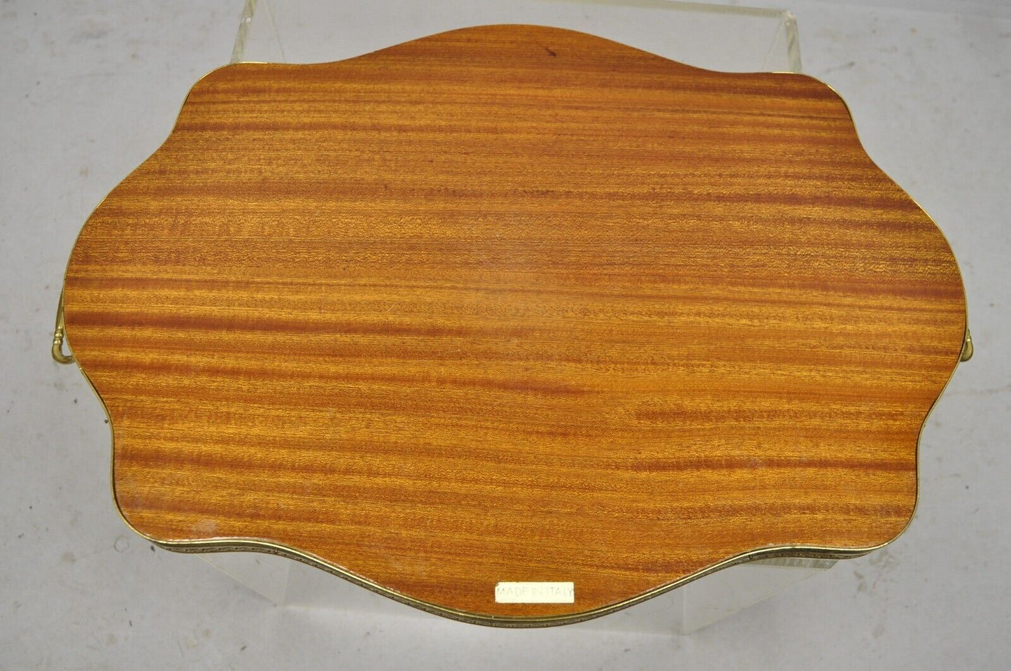 Vintage Italian Lacquered Wood and Brass Chariot Marquetry Inlay Serving Tray
