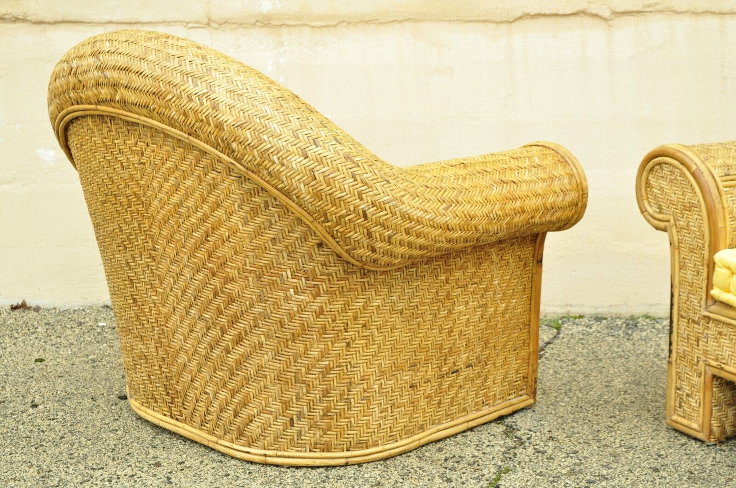 Ralph Lauren Attr. Large Woven Wicker Rattan Club Lounge Chairs - a Pair