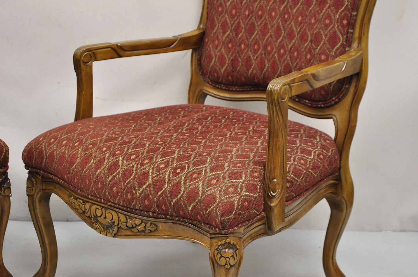 French Country Style Shell Carved Wood Burgundy Upholstered Lounge Chairs - Pair