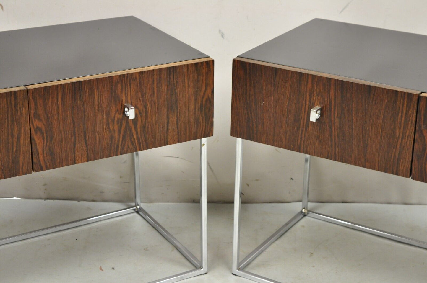 Vintage Rougier Mid Century Danish Modern Rosewood & Chrome Nightstands - a Pair