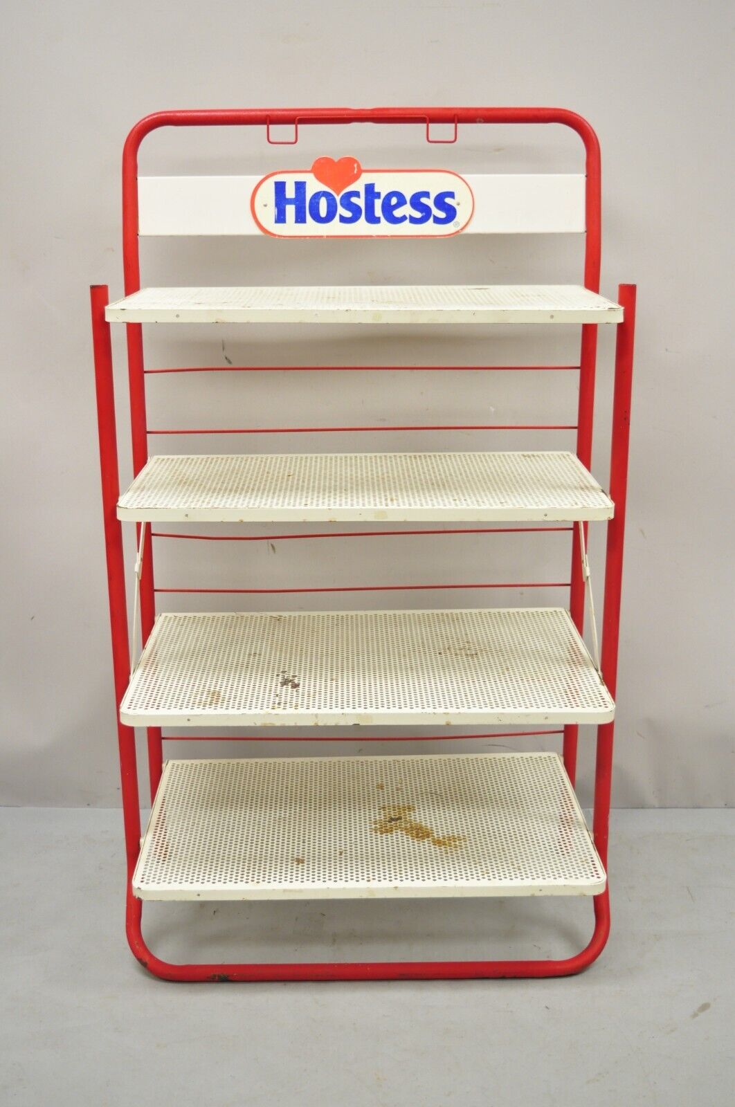 Vintage Hostess Red Metal Perforated 4 Shelf Folding Display Shelf Stand