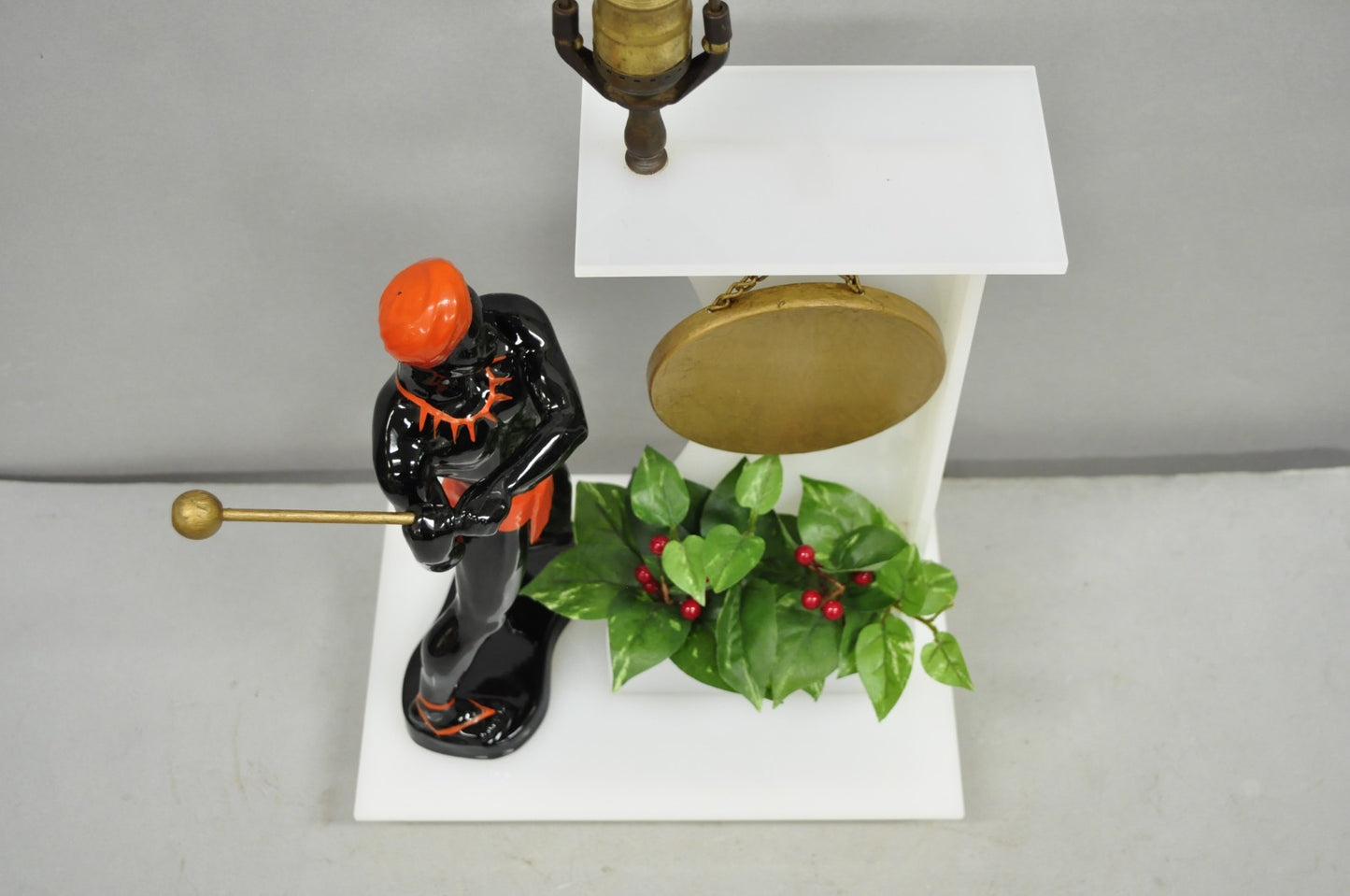 Vintage Mid Century Modern Figural African Black Male w/ Gong Acrylic Table Lamp