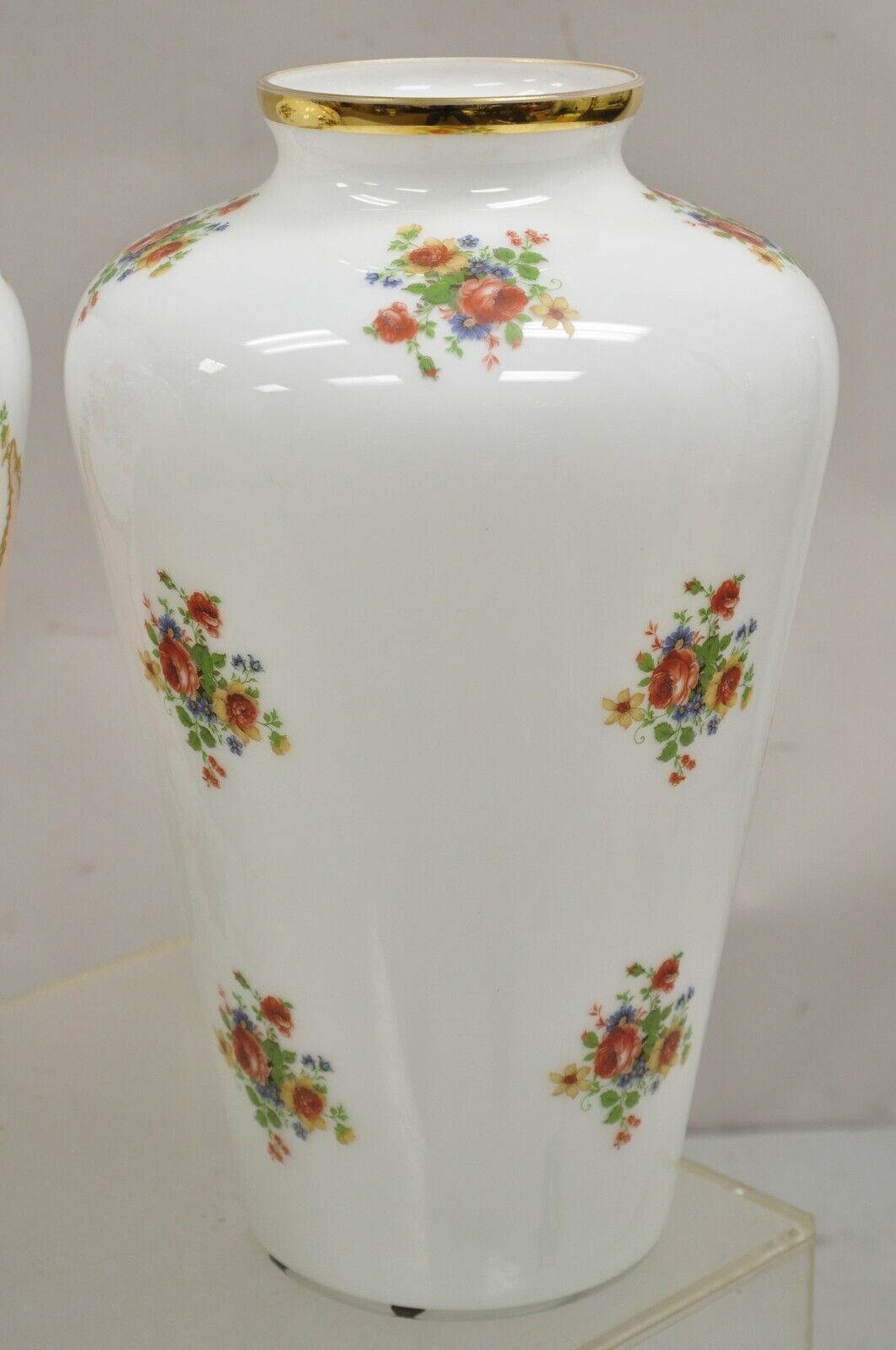 Vintage French Style Large White Blown Glass Transfer Scene Jar Vases - a Pair
