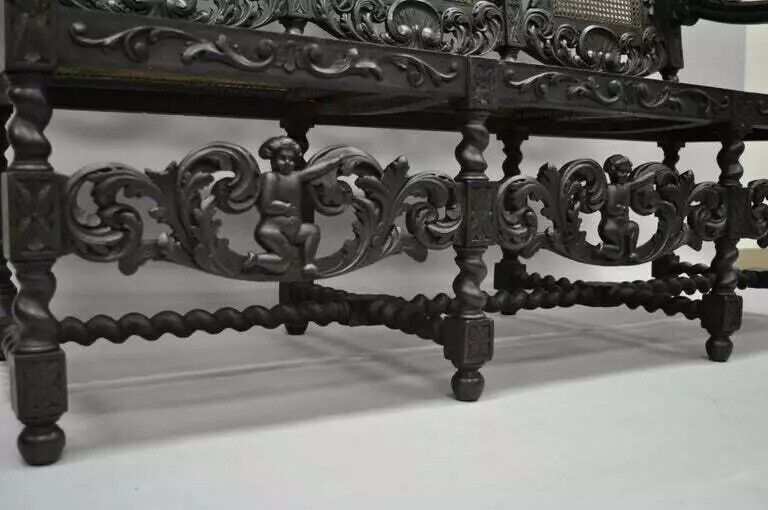 Jacobean Renaissance Barley Twist Cherub Carved Parlor Loveseat Bench Settee