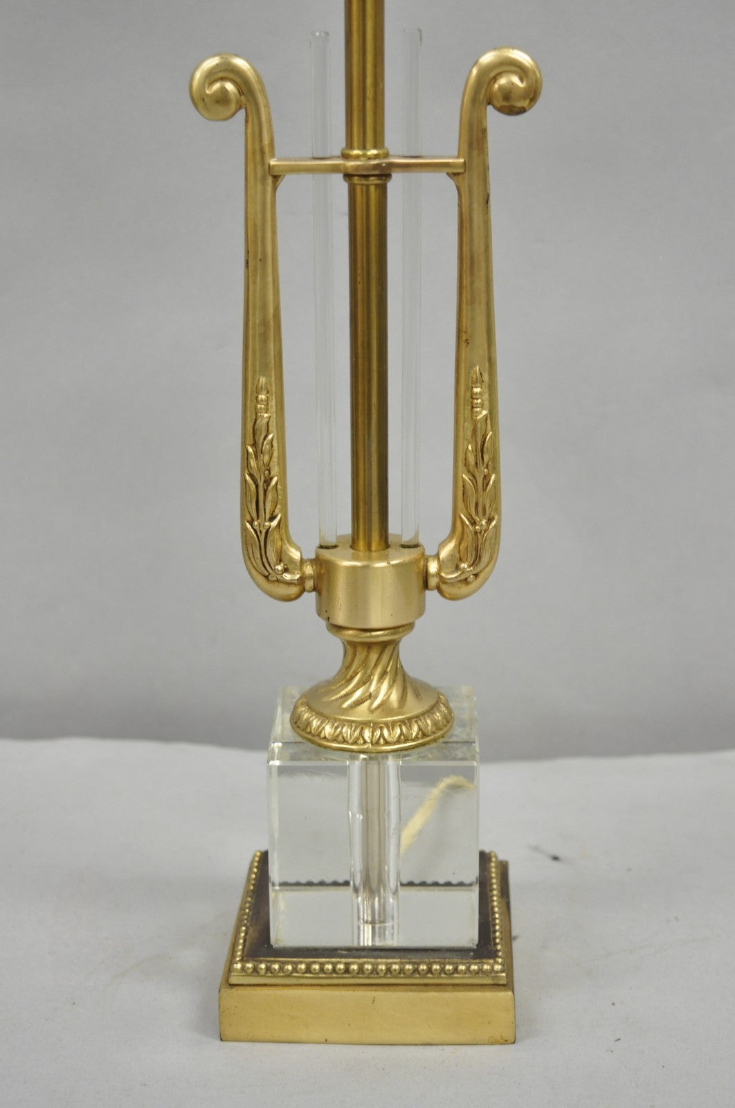 Antique French Empire Brass & Glass Classical Lyre Harp Small Boudoir Table Lamp