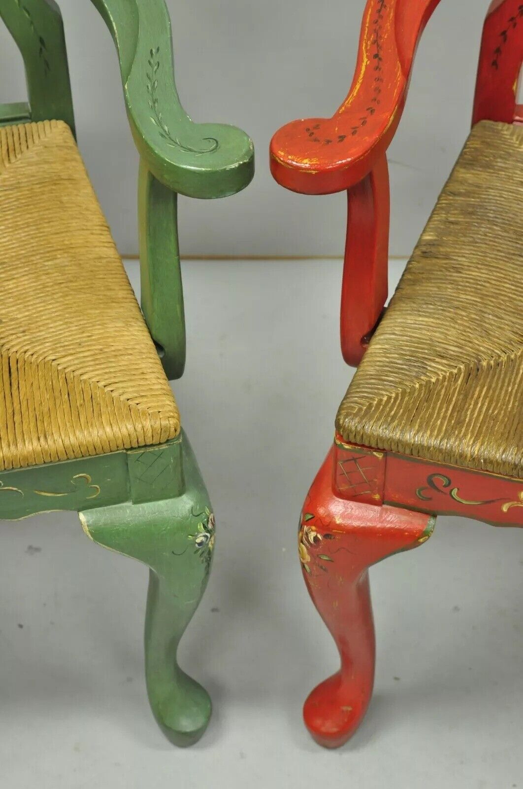 Vintage Queen Anne Style Green and Red Painted Rush Seat Arm Chairs - a Pair