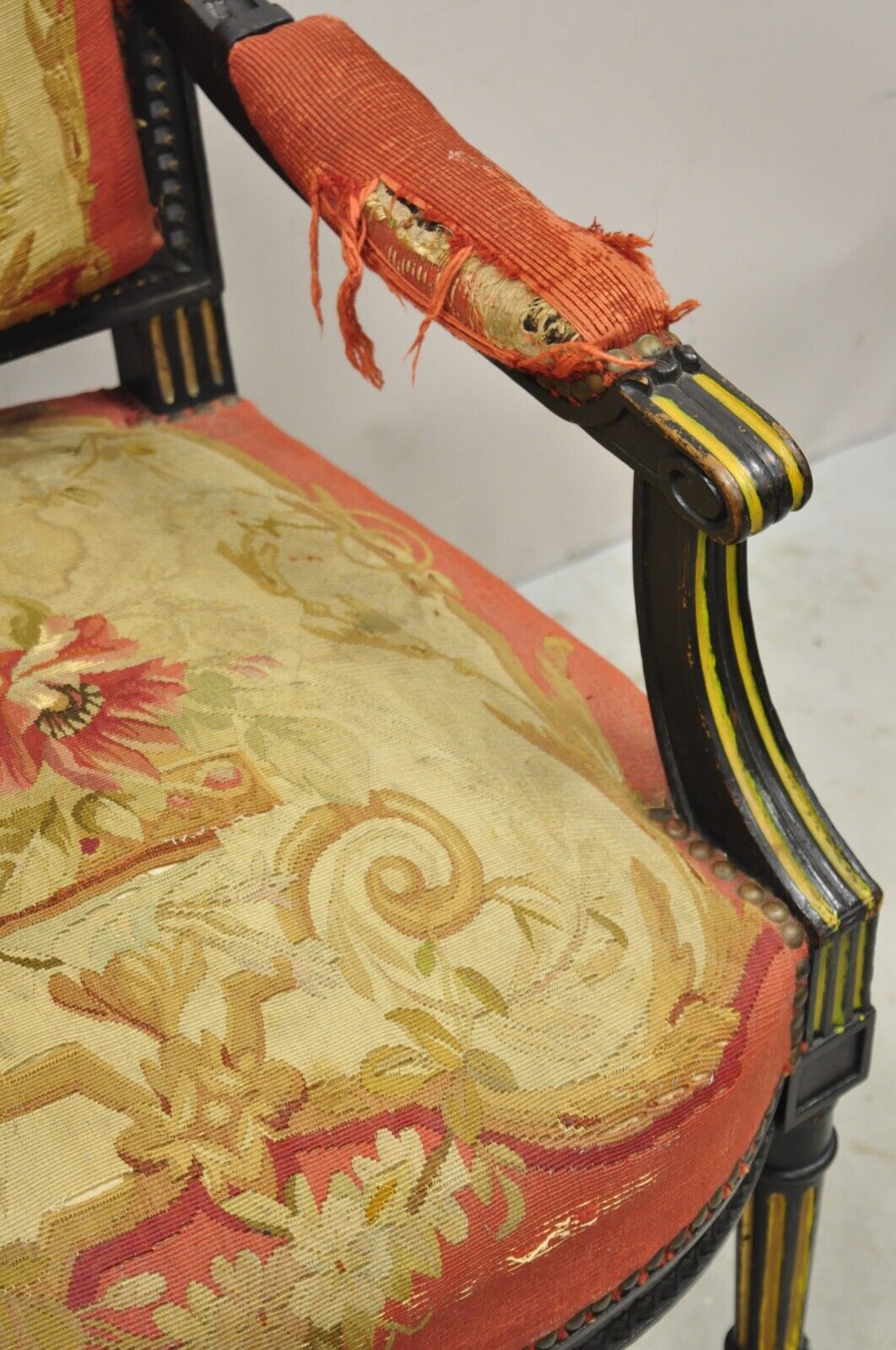 Antique French Empire Black Ebonized Walnut Needlepoint Parlor Arm Chair