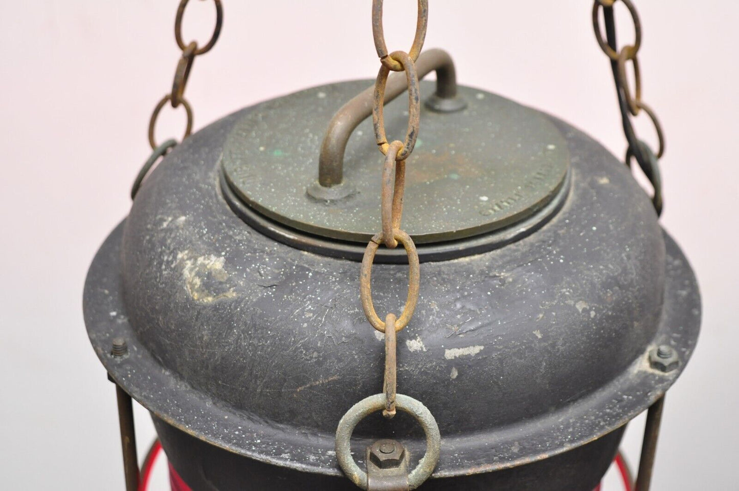 Antique Durkee Marine Ship Lantern Fixture Red Fresnel Pendant Chandlier (B)