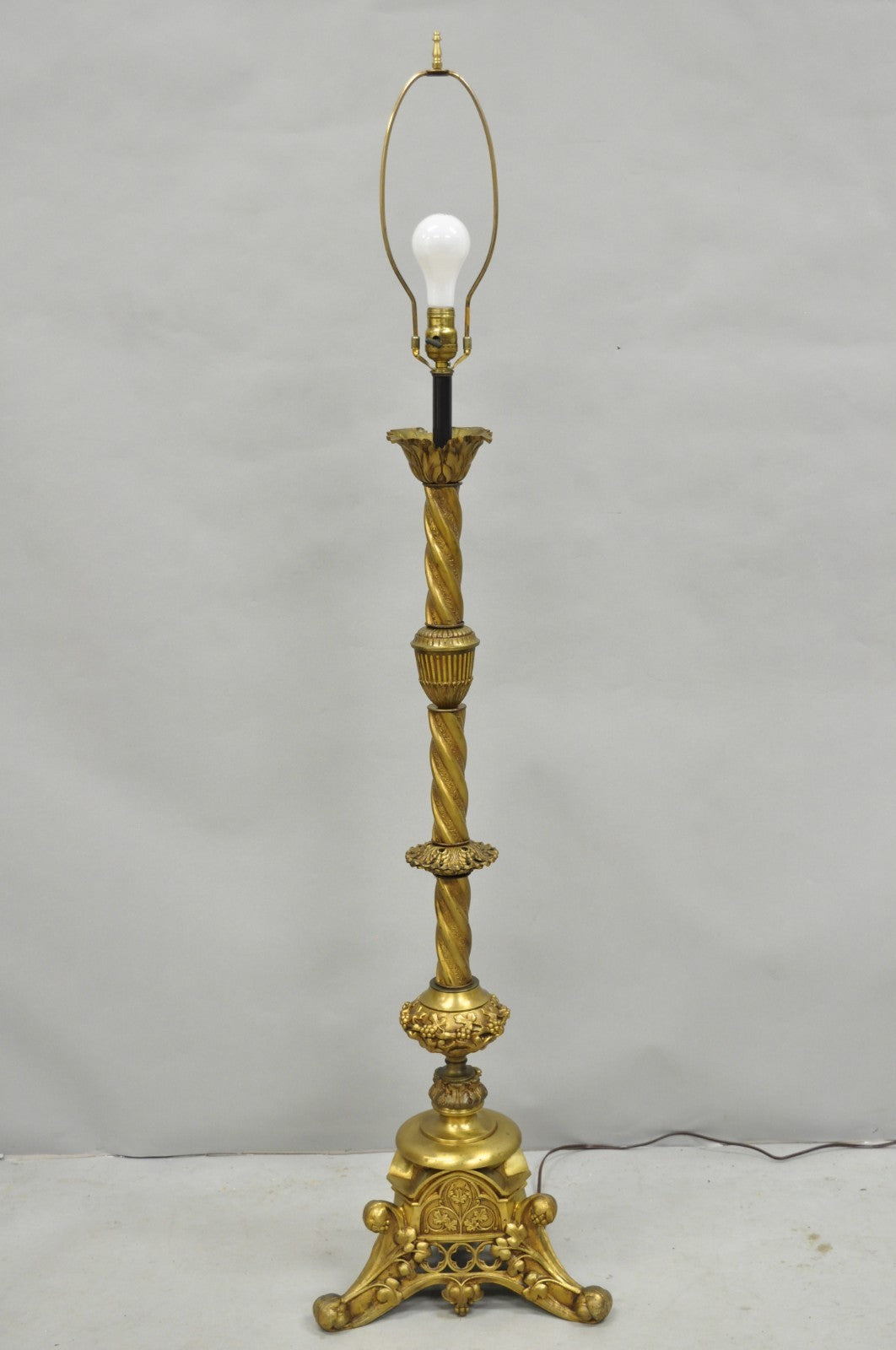 Antique French Renaissance Gothic Brass Metal Gold Candlestick Floor Lamp