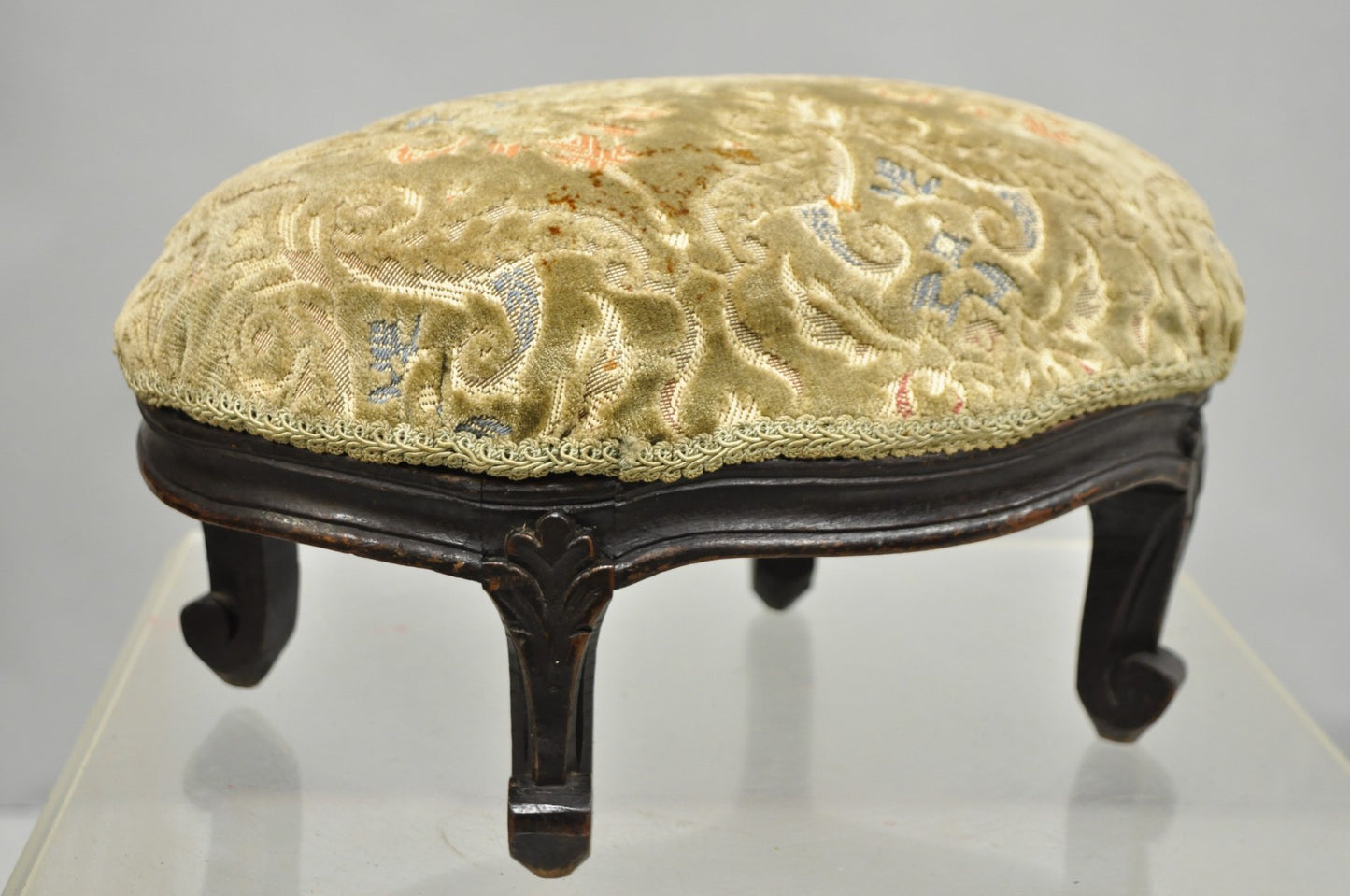 Antique French Country Provincial Oval Carved Walnut Petite Footstool Ottoman