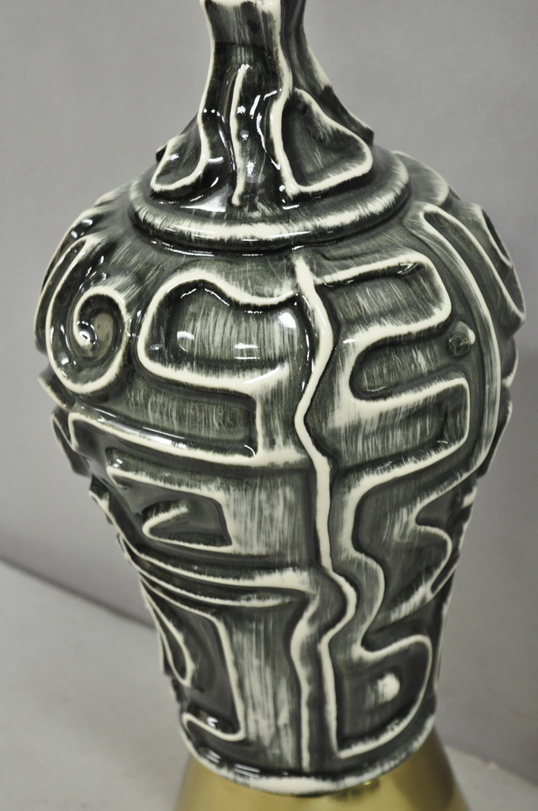 Vintage Mid Century Modern Grey Glazed Ceramic Geometric Aztec Brass Table Lamp