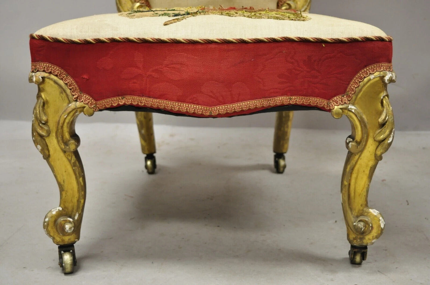 Antique Victorian Gold Giltwood Rococo Parlor Slipper Lounge Chairs - a Pair