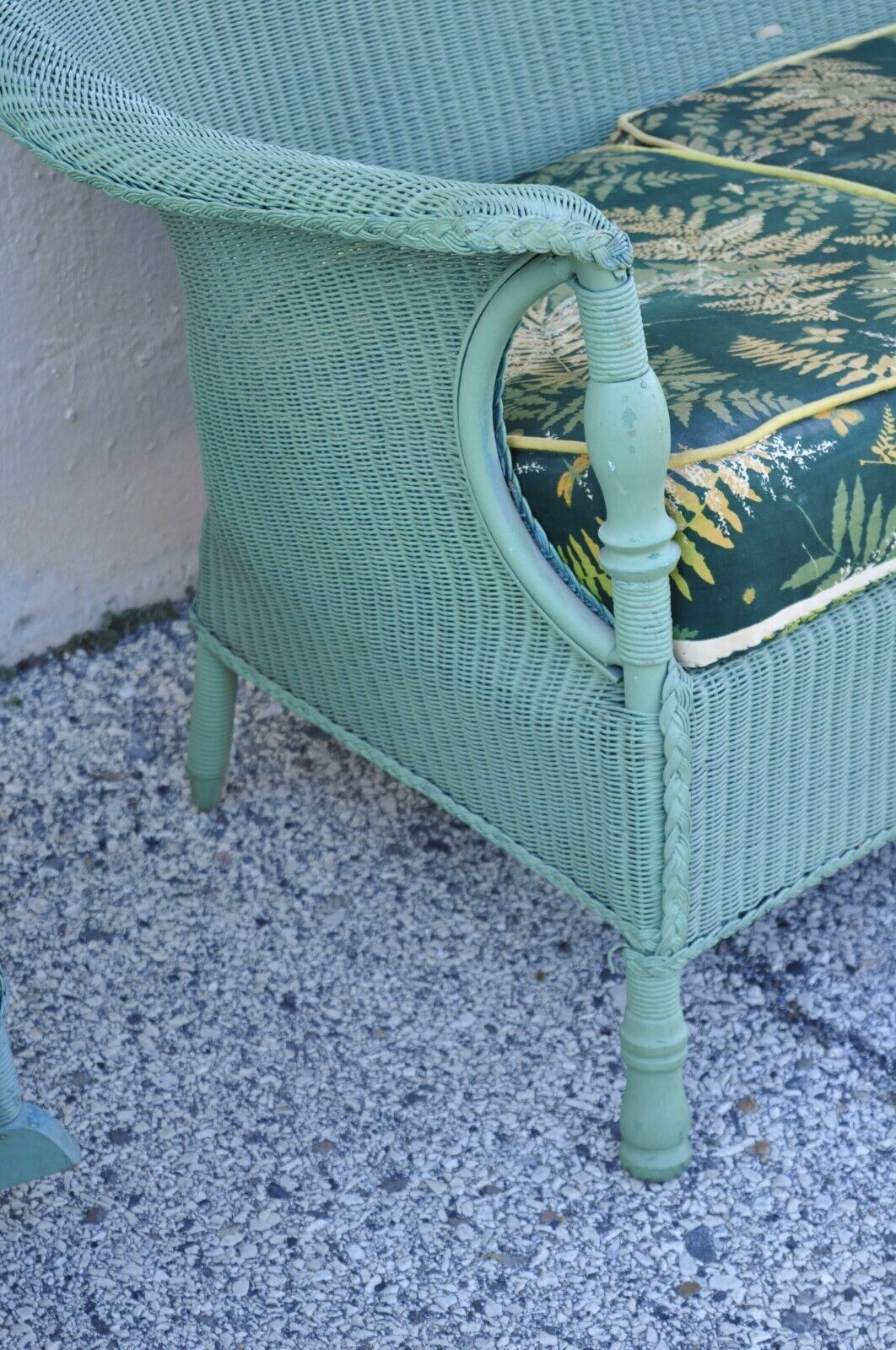 Victorian Blue Green Woven Wicker Sunroom Sofa Rocking Chair Lounge Chair 3 Pcs