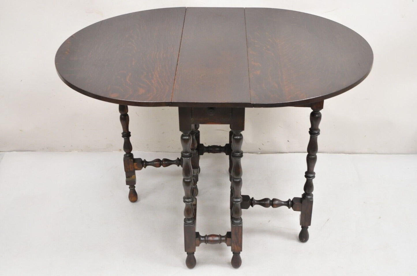 Antique English Jacobean Oak Wood Barley Twist Small Oval Drop Leaf Table