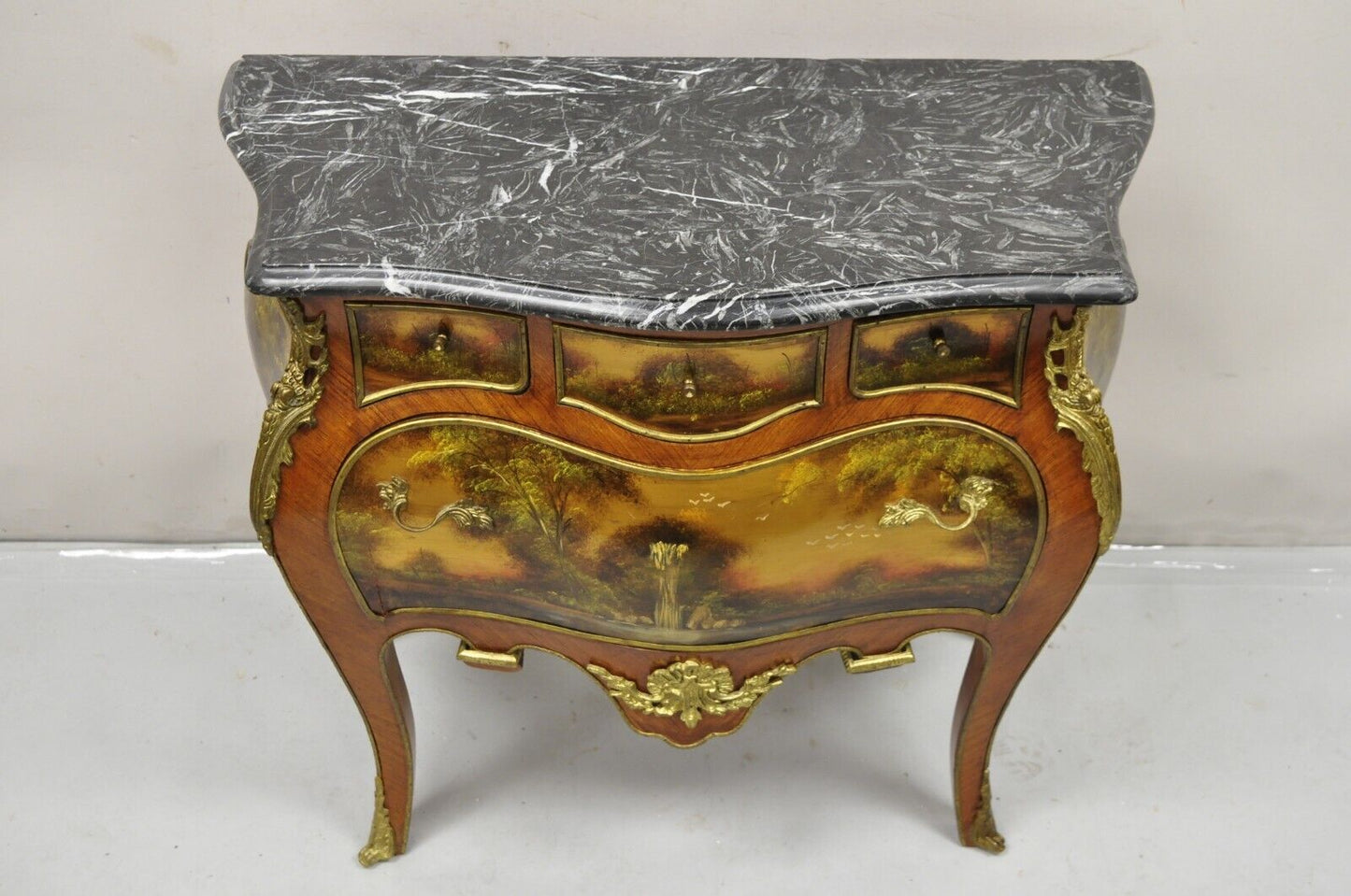 Vintage French Louis XV Style Marble Top Bombe Hand Painted Commode Chest