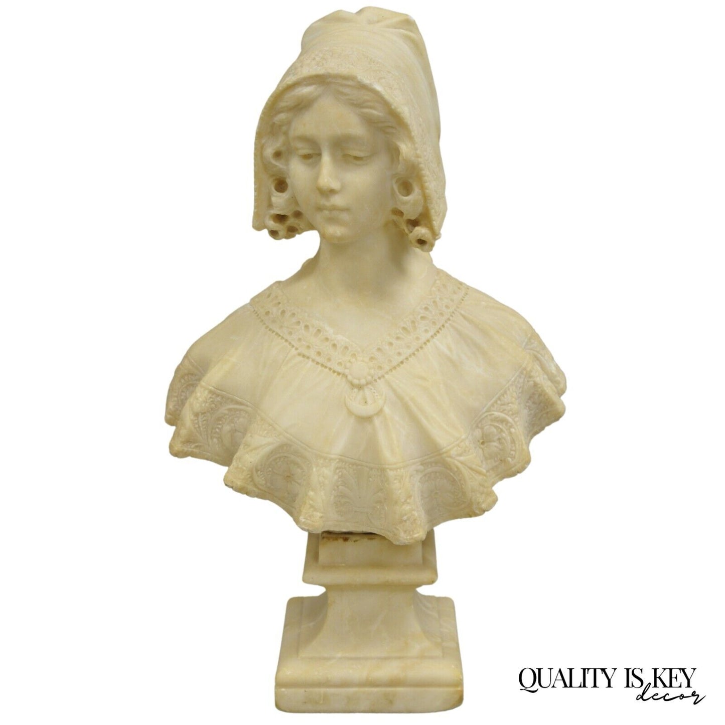 Antique Victorian Carved Alabaster Marble Figural Young Woman Maiden Bust Statue