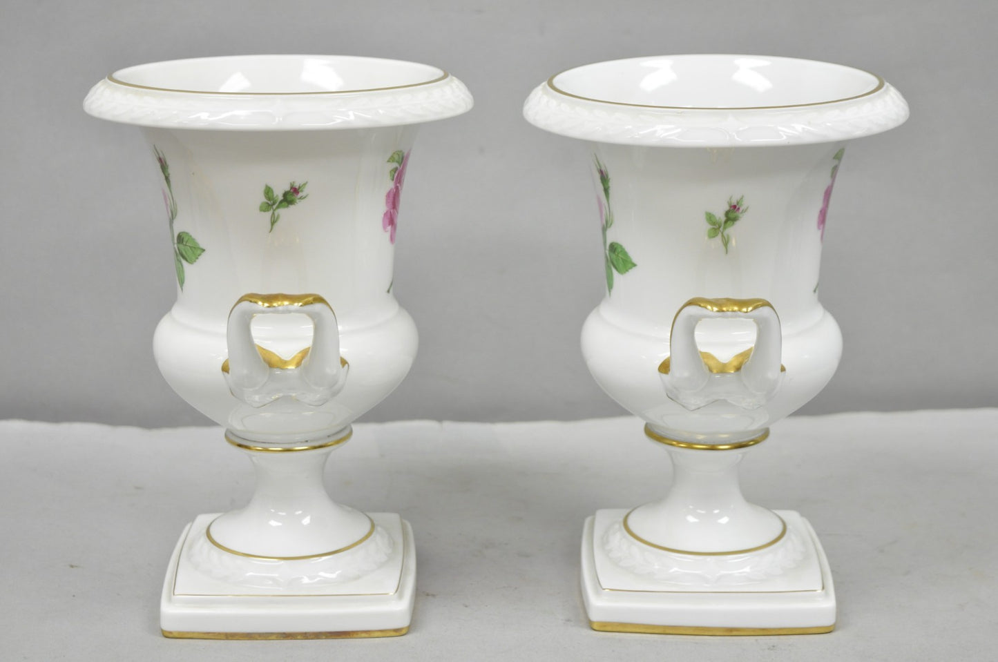 Alka Alboth & Kaiser Painted French Porcelain Pink Rose Trophy Cup Urn Vase Pair