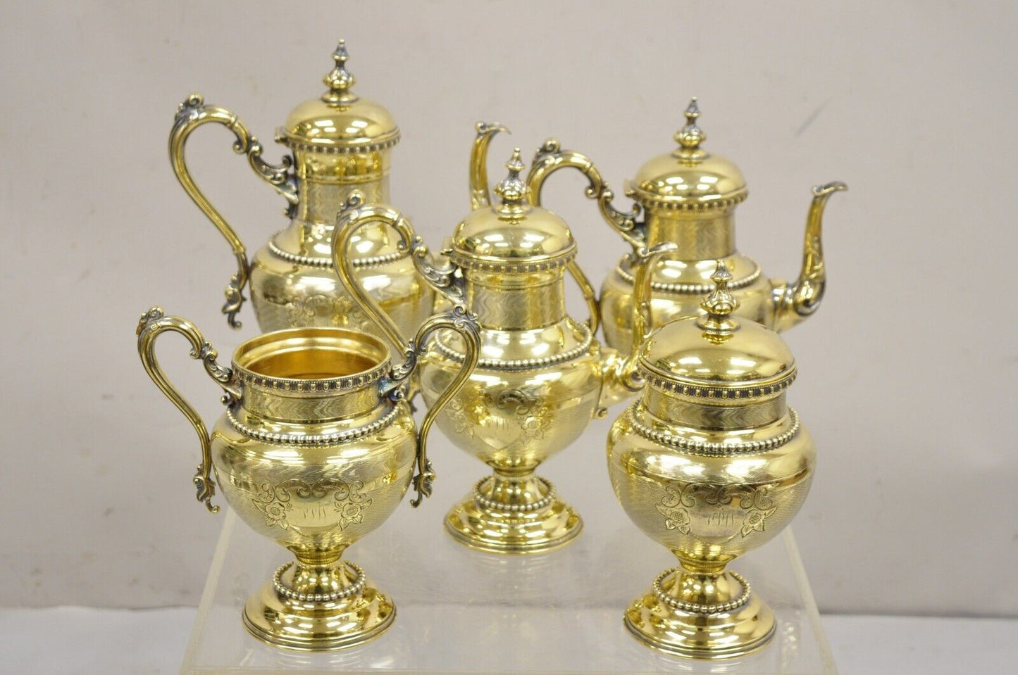 Meriden Victorian Gold Plated Ornate Tea Set w/ "PPW" Monogram - 5 Pc Set
