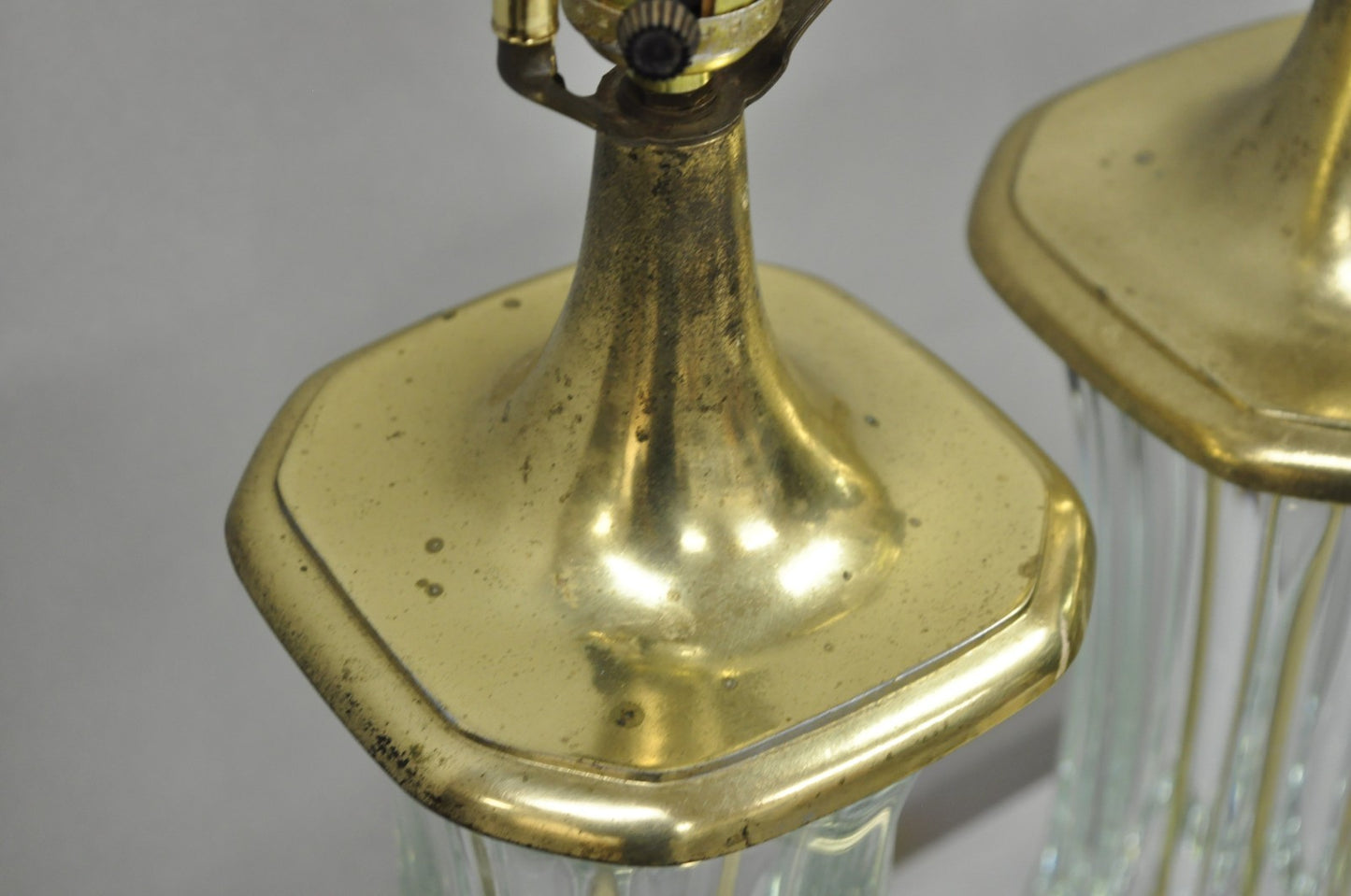 Vintage Cofrac Art Verrier French Leaded Crystal Glass & Brass Table Lamps, Pair