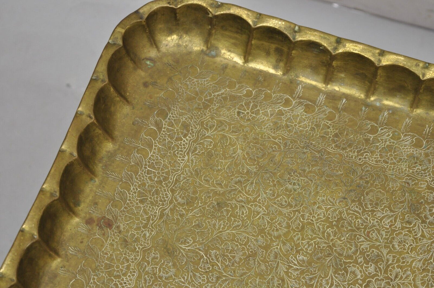 Vintage Moroccan Middle Eastern Solid Brass Rectangular Engraved 30" Tray Top