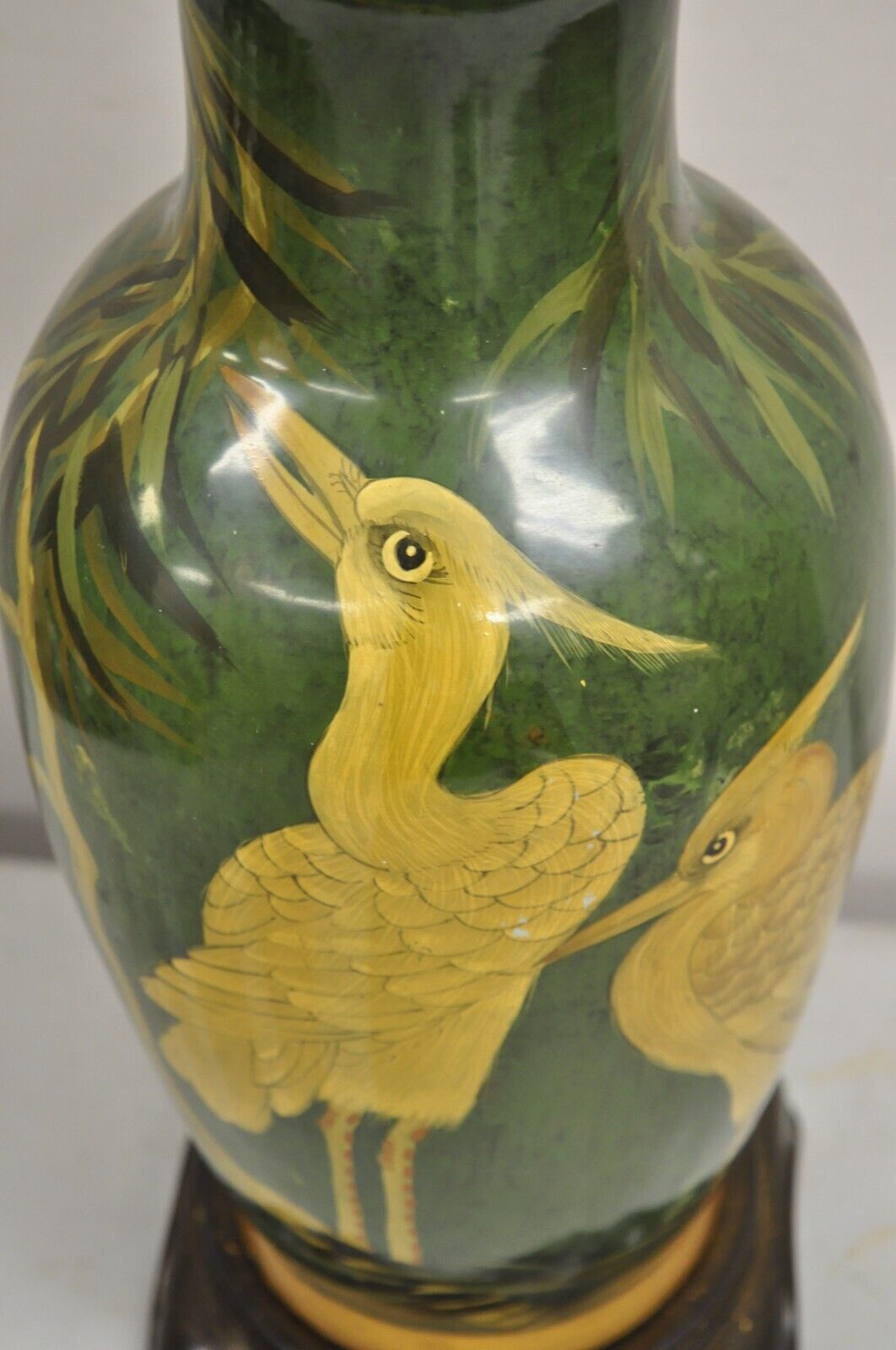 Vintage Chinoiserie Green Porcelain Jardiniere Table Lamp w/ Birds by Wildwood