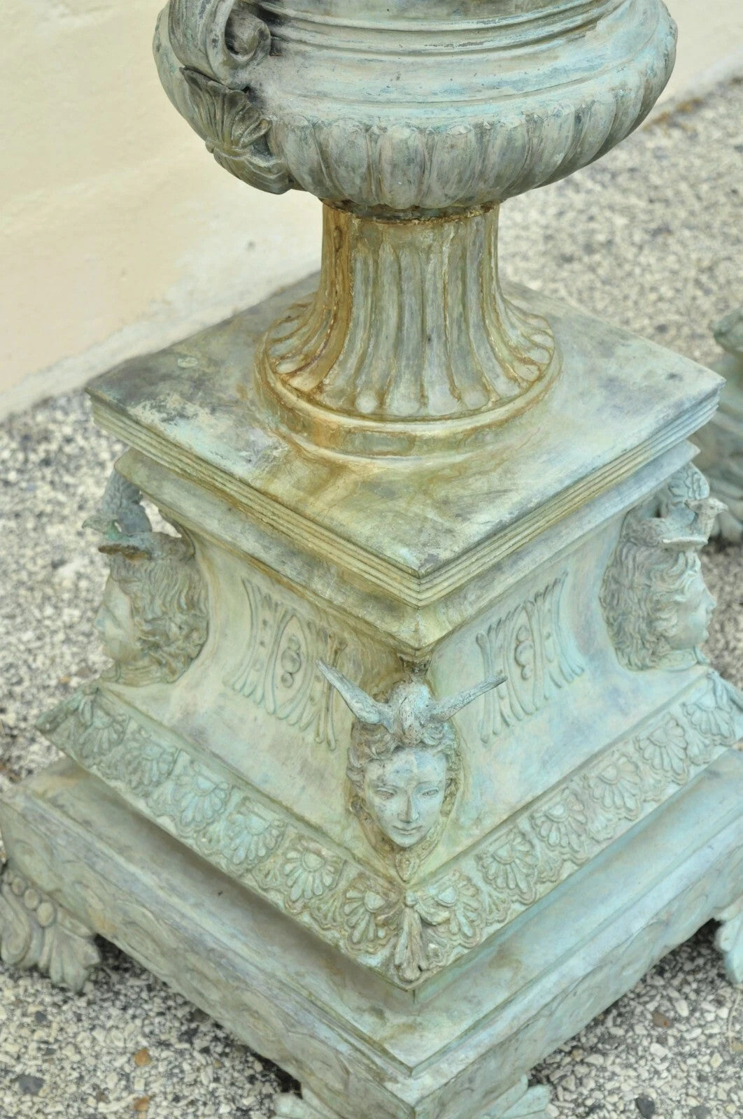 French Louis XV XVI Style Bronze Verdigris 43" Figural Garden Planters - a Pair