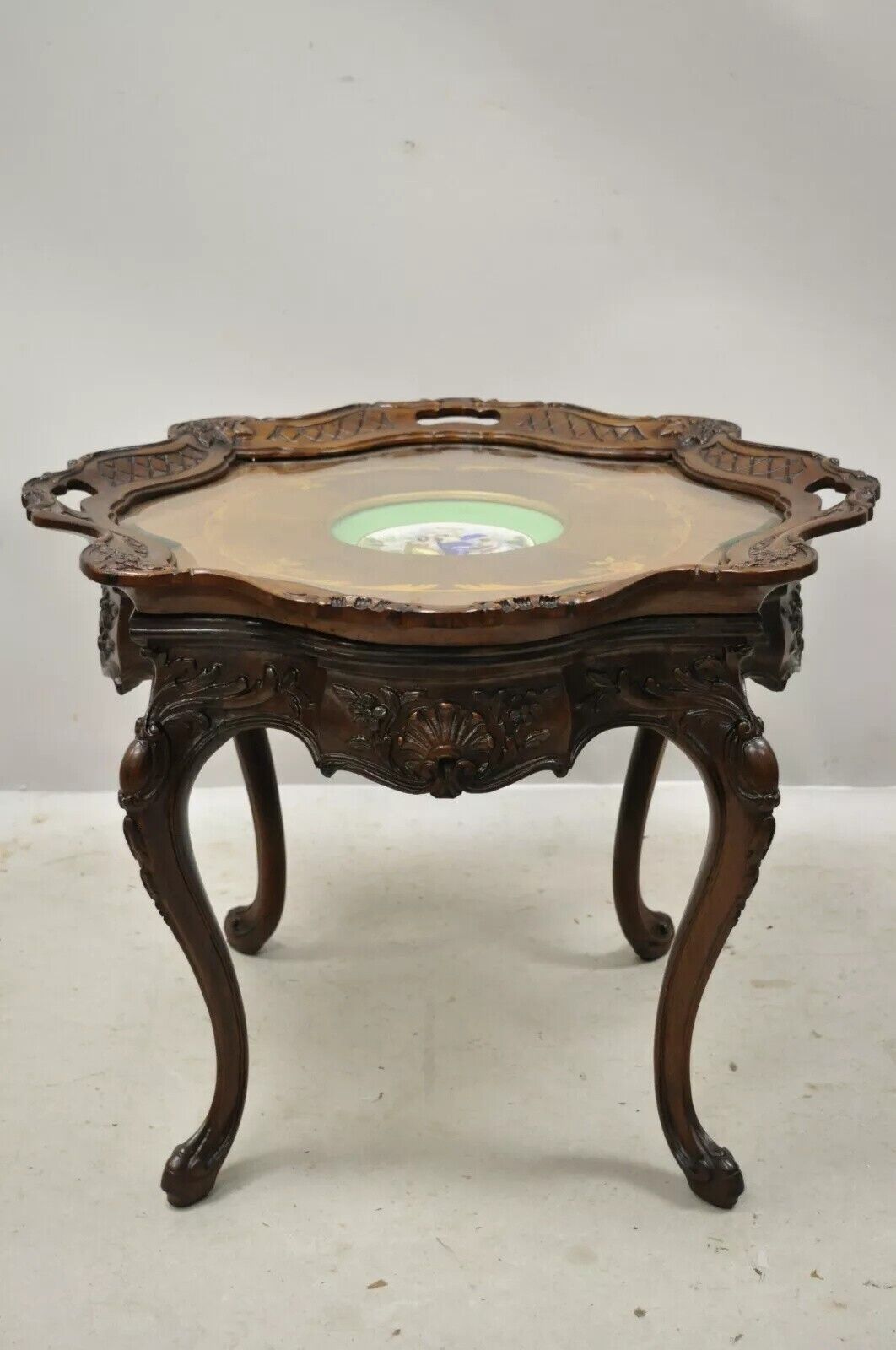 Antique French Louis XV Walnut Coffee Table w/ Angelica Kauffman Porcelain Dish