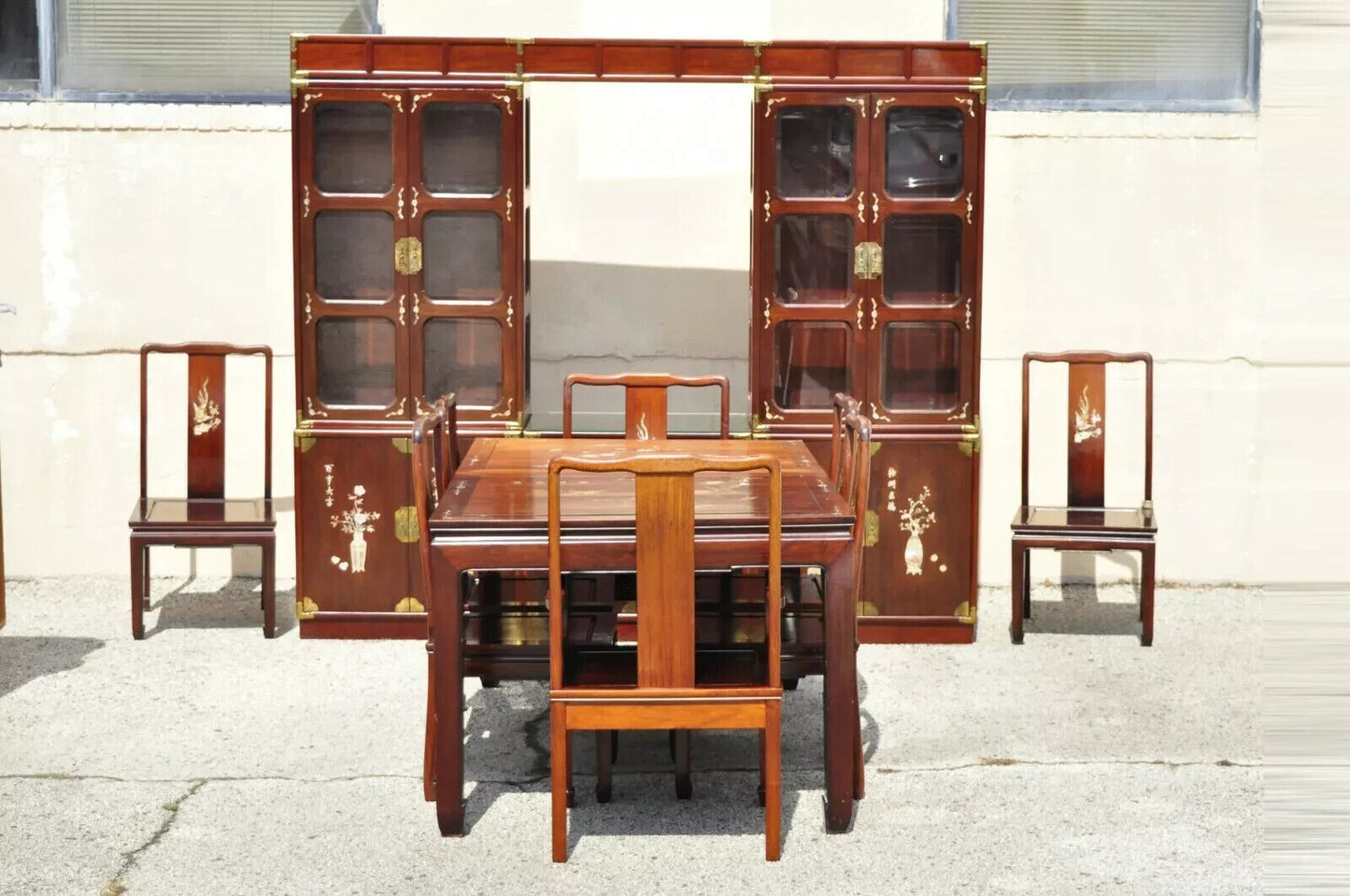 Vintage Chinese Mother of Pearl Hardwood China Cabinet Curio Display Wall Unit