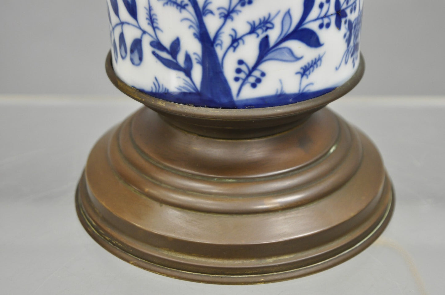 Antique Chinoiserie Blue and White Porcelain Jardiniere Bird & Vine Table Lamp